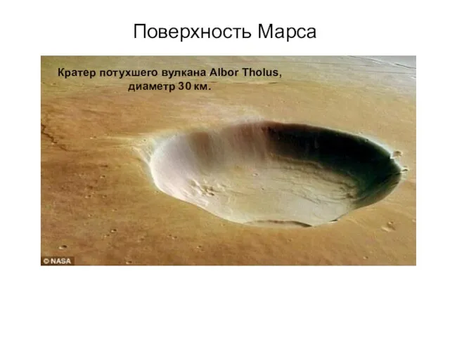 Поверхность Марса Кратер потухшего вулкана Albor Tholus, диаметр 30 км.