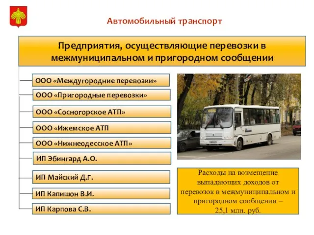 Автомобильный транспорт Предприятия, осуществляющие перевозки в межмуниципальном и пригородном сообщении ООО