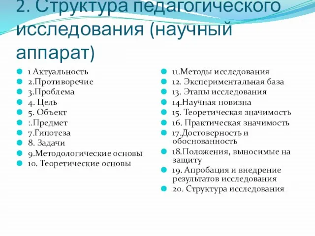 2. Структура педагогического исследования (научный аппарат) 1 Актуальность 2.Противоречие 3.Проблема 4.