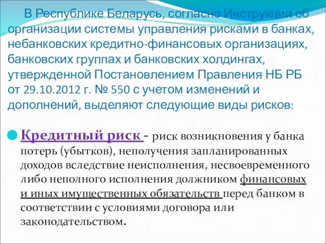 В Республике Беларусь, согласно Инструкции об организации системы управления рисками в