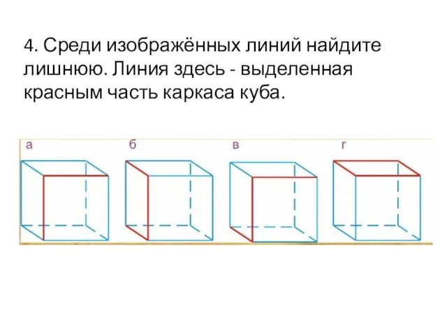 4. Среди изображённых линий найдите лишнюю. Линия здесь - выделенная красным часть каркаса куба.