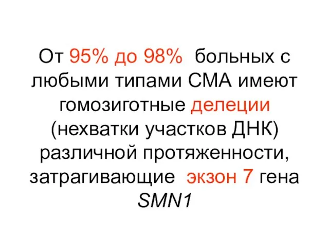 От 95% до 98% больных с любыми типами СМА имеют гомозиготные