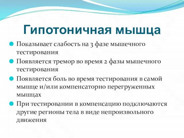 Гипотоничная мышца Показывает слабость на 3 фазе мышечного тестирования Появляется тремор