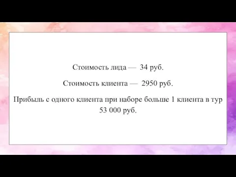 Стоимость лида — 34 руб. Стоимость клиента — 2950 руб. Прибыль