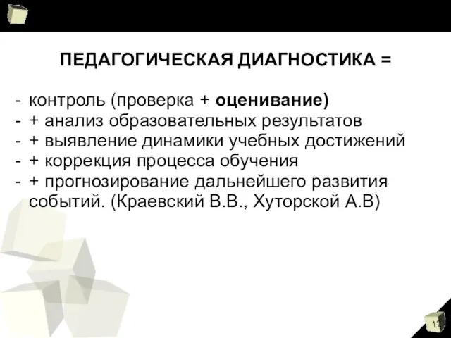 ПЕДАГОГИЧЕСКАЯ ДИАГНОСТИКА = контроль (проверка + оценивание) + анализ образовательных результатов