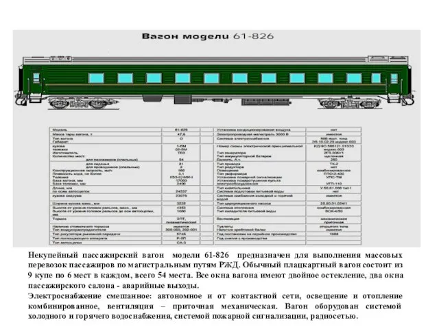 Некупейный пассажирский вагон модели 61-826 предназначен для выполнения массовых перевозок пассажиров