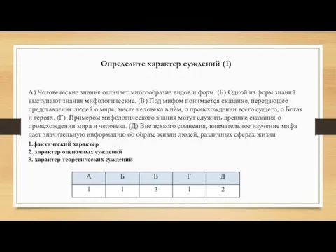 Определите характер суждений (1) А) Человеческие знания отличает многообразие видов и