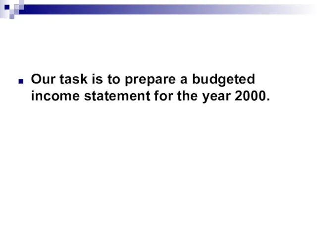 Our task is to prepare a budgeted income statement for the year 2000.