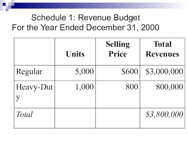 Schedule 1: Revenue Budget For the Year Ended December 31, 2000