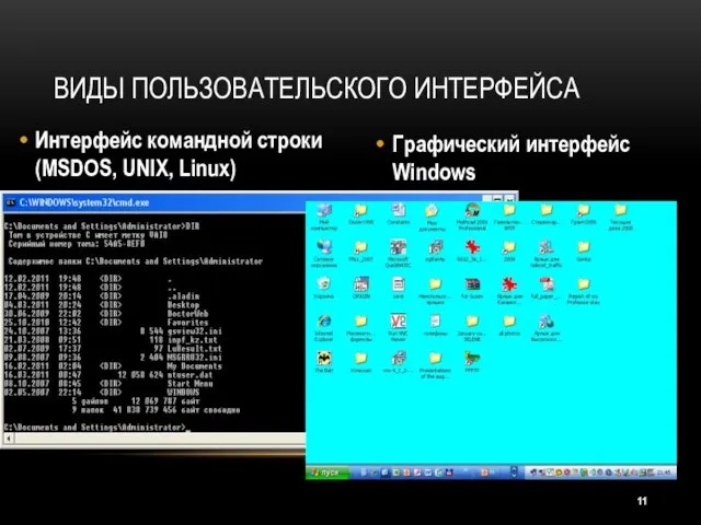 Интерфейс командной строки (MSDOS, UNIX, Linux) Графический интерфейс Windows ВИДЫ ПОЛЬЗОВАТЕЛЬСКОГО ИНТЕРФЕЙСА