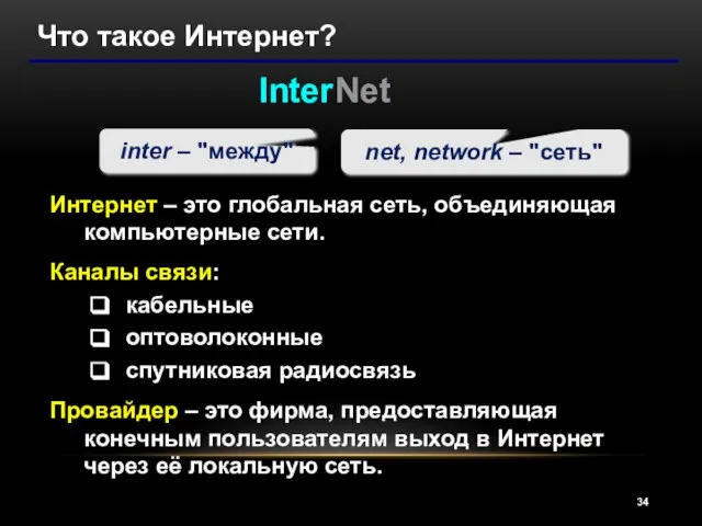 Что такое Интернет? InterNet inter – "между" net, network – "сеть"