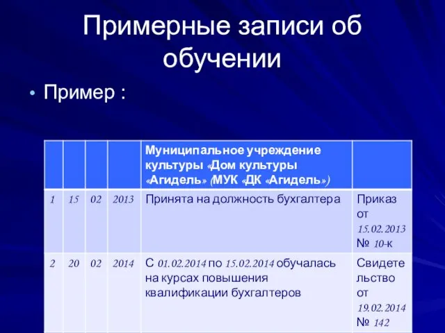 Примерные записи об обучении Пример :