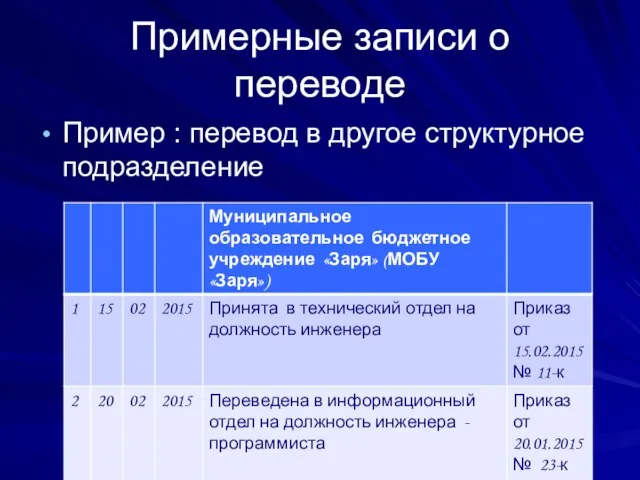 Примерные записи о переводе Пример : перевод в другое структурное подразделение