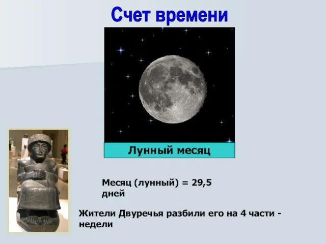 Счет времени Месяц (лунный) = 29,5 дней Жители Двуречья разбили его