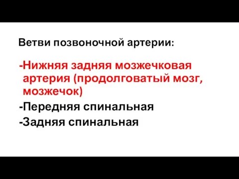 Ветви позвоночной артерии: Нижняя задняя мозжечковая артерия (продолговатый мозг, мозжечок) Передняя спинальная Задняя спинальная