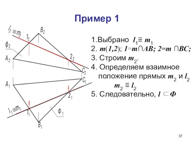 Пример 1 1.Выбрано l1≡ m1 2. m(1,2); 1=m∩АВ; 2=m ∩ВС; 3.