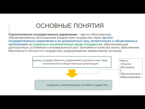 ОСНОВНЫЕ ПОНЯТИЯ Стратегическое государственное управление – научно-обоснованное, сбалансированное, многоцелевое воздействие государства