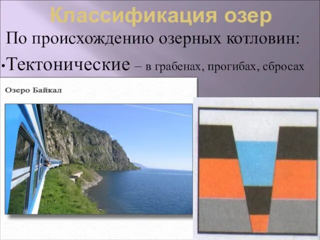 Классификация озер По происхождению озерных котловин: Тектонические – в грабенах, прогибах, сбросах