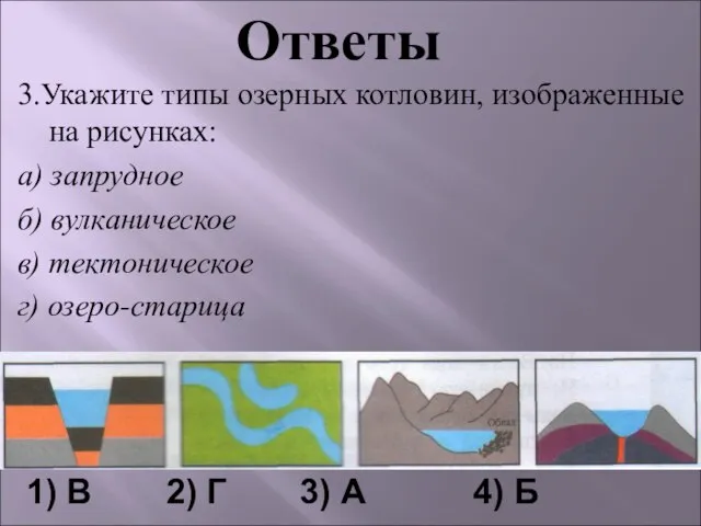 3.Укажите типы озерных котловин, изображенные на рисунках: а) запрудное б) вулканическое