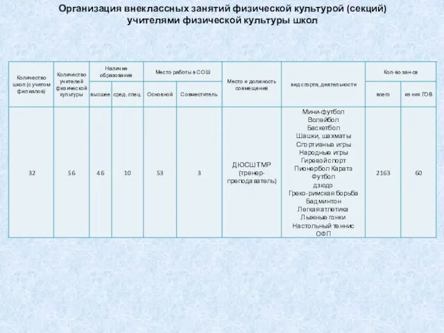 Организация внеклассных занятий физической культурой (секций) учителями физической культуры школ