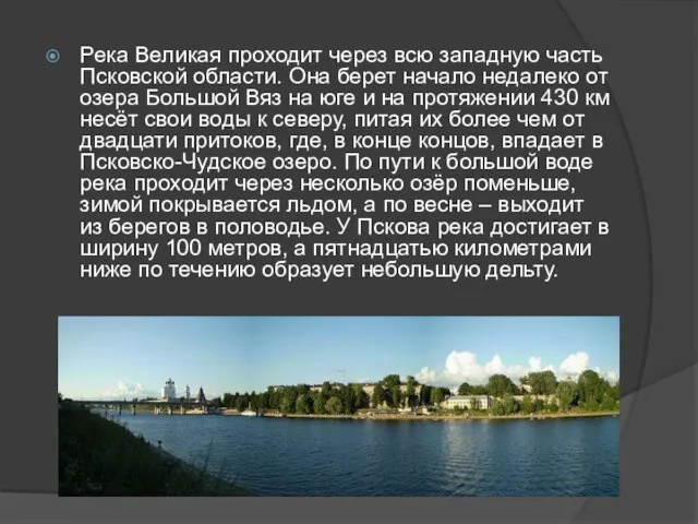 Река Великая проходит через всю западную часть Псковской области. Она берет