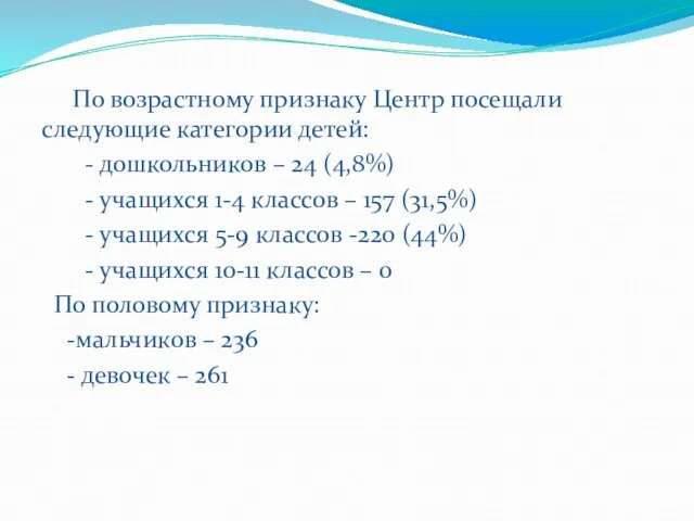 По возрастному признаку Центр посещали следующие категории детей: - дошкольников –