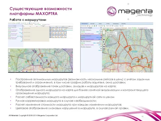 Существующие возможности платформы MAXOPTRA Работа с маршрутами Построение оптимальных маршрутов (возможность