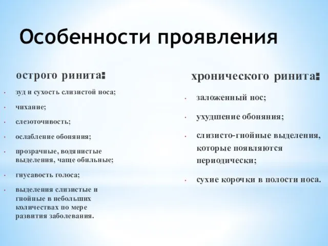 острого ринита: зуд и сухость слизистой носа; чихание; слезоточивость; ослабление обоняния;