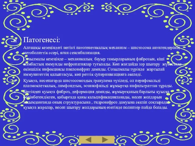 Патогенесі: Алғашқы кезеңіндегі негізгі патогенетикалық механизм – шистосома антигендерінің метоболиттік әсері,