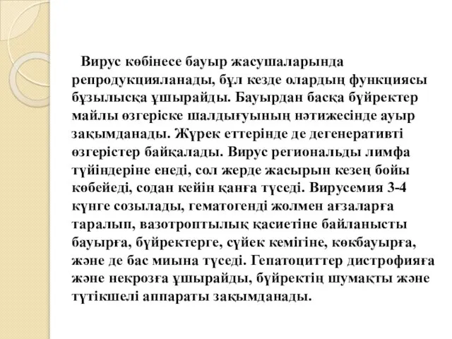 Вирус көбінесе бауыр жасушаларында репродукцияланады, бұл кезде олардың функциясы бұзылысқа ұшырайды.