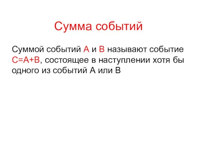 Сумма событий Суммой событий А и В называют событие С=А+В, состоящее