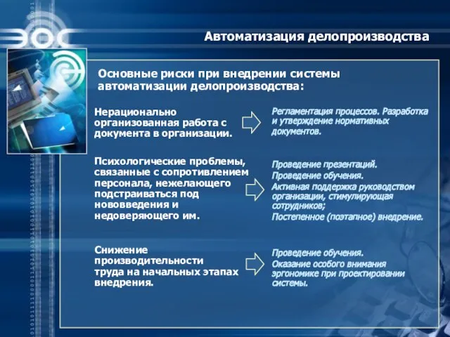 Автоматизация делопроизводства Основные риски при внедрении системы автоматизации делопроизводства: Психологические проблемы,