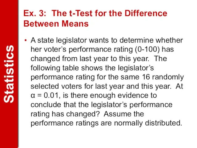 Ex. 3: The t-Test for the Difference Between Means A state