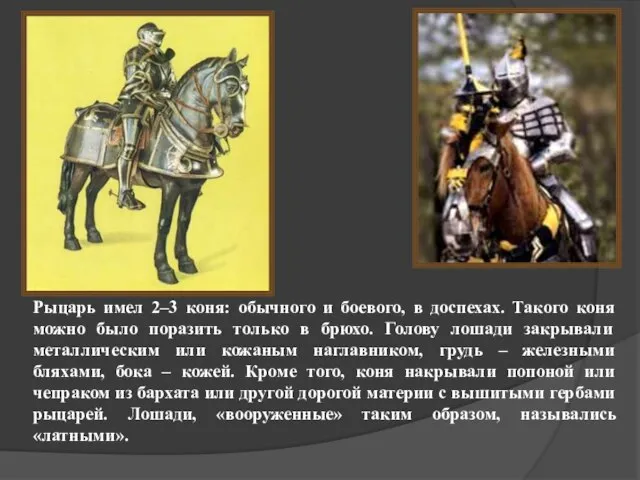 Рыцарь имел 2–3 коня: обычного и боевого, в доспехах. Такого коня
