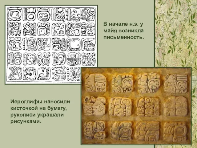 Иероглифы наносили кисточкой на бумагу, рукописи украшали рисунками. В начале н.э. у майя возникла письменность.