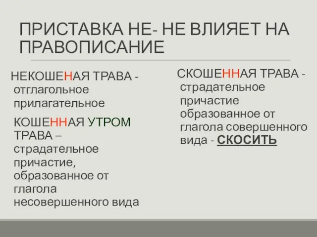 ПРИСТАВКА НЕ- НЕ ВЛИЯЕТ НА ПРАВОПИСАНИЕ НЕКОШЕНАЯ ТРАВА -отглагольное прилагательное КОШЕННАЯ