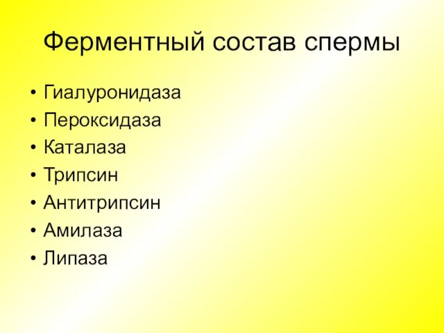 Ферментный состав спермы Гиалуронидаза Пероксидаза Каталаза Трипсин Антитрипсин Амилаза Липаза