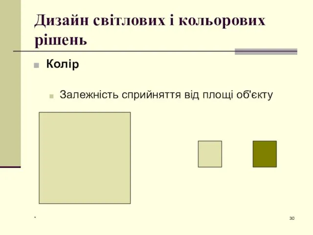 * Дизайн світлових і кольорових рішень Колір Залежність сприйняття від площі об'єкту