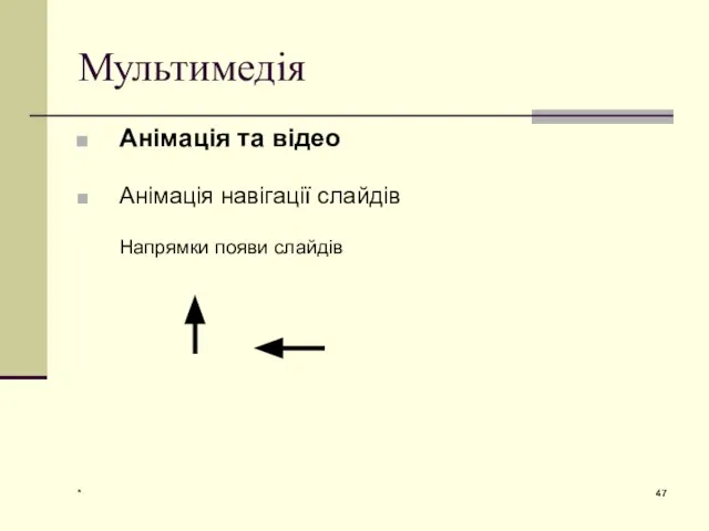 * Мультимедія Анімація та відео Анімація навігації слайдів Напрямки появи слайдів