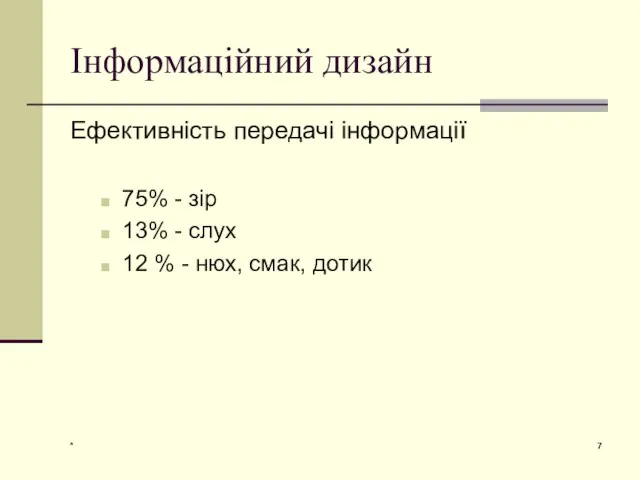 * Інформаційний дизайн Ефективність передачі інформації 75% - зір 13% -