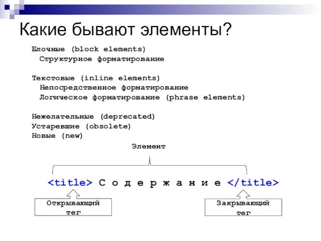 Какие бывают элементы? Блочные (block elements) Структурное форматирование Текстовые (inline elements)