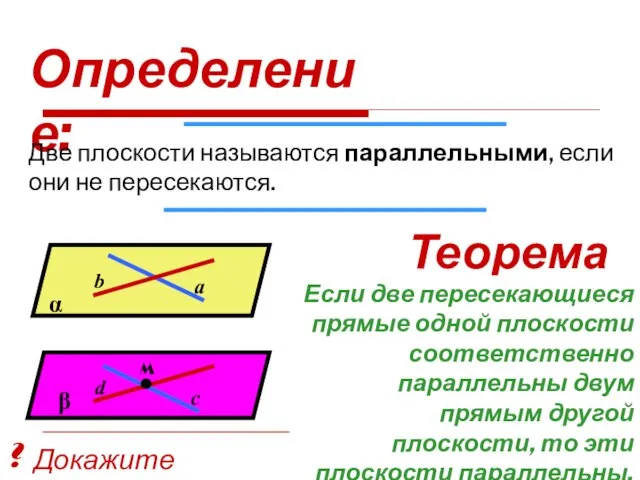 Определение: Две плоскости называются параллельными, если они не пересекаются. Теорема: Если