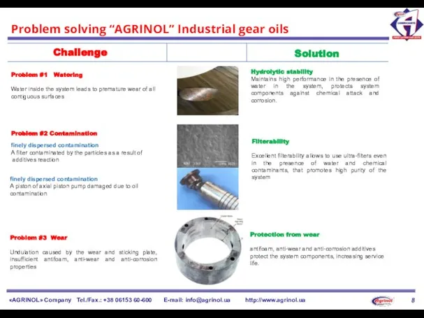 «AGRINOL» Company Tel./Fax.: +38 06153 60-600 E-mail: info@agrinol.ua http://www.agrinol.ua Problem solving “AGRINOL” Industrial gear oils