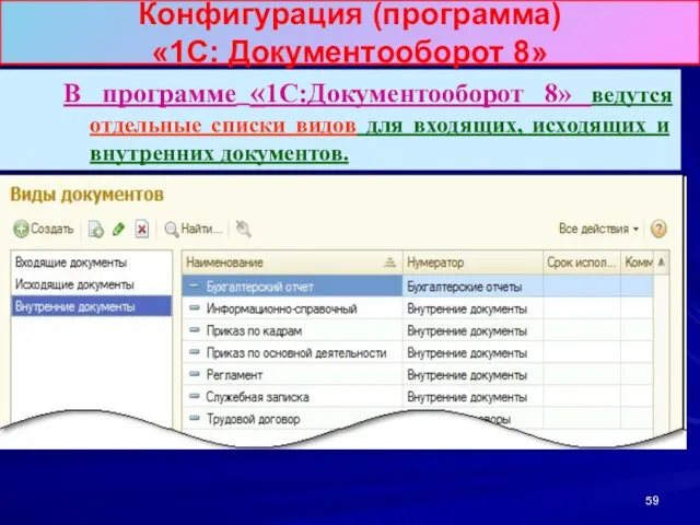 Конфигурация (программа) «1С: Документооборот 8» В программе «1С:Документооборот 8» ведутся отдельные