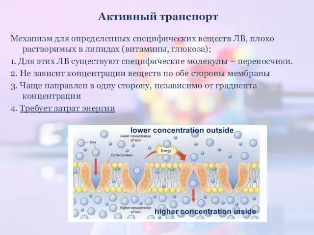 Активный транспорт Механизм для определенных специфических веществ ЛВ, плохо растворимых в