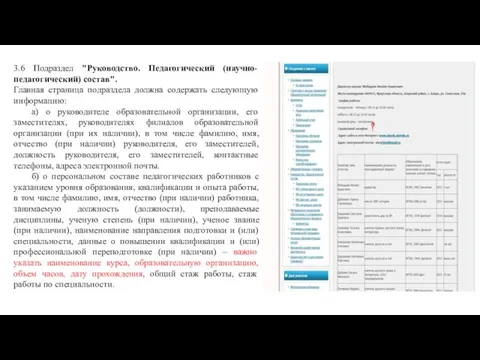 3.6 Подраздел "Руководство. Педагогический (научно-педагогический) состав". Главная страница подраздела должна содержать