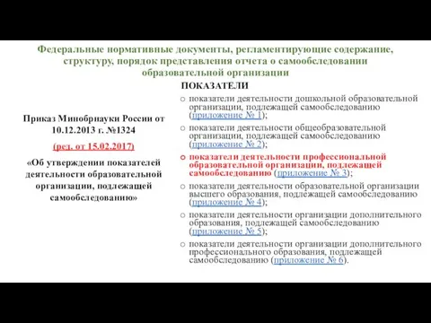 Федеральные нормативные документы, регламентирующие содержание, структуру, порядок представления отчета о самообследовании