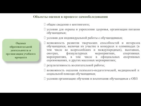 Объекты оценки в процессе самообследования общие сведения о контингенте; условия для