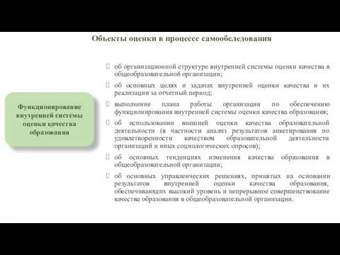 Функционирование внутренней системы оценки качества образования Объекты оценки в процессе самообследования