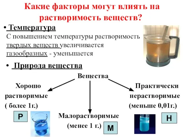 Какие факторы могут влиять на растворимость веществ? Температура С повышением температуры